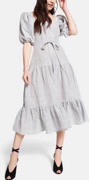 Square Neckline Linen Dress in Blue/White, X-Small