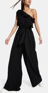 Demi Ruffle Twill Jumpsuit in Jet, Size 0