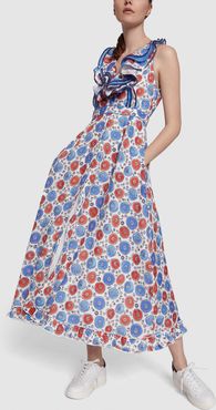 Ruffle Neck Dress in Blue & Orange Stones Print, X-Small