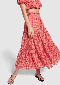 Ruffle Peasant Eyelet Skirt in Tomato/Cream Daisy Eyelet, Size 1