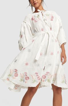 Midi Smock Dress in White with Green & Pink