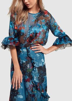 Lissie Top in Blue Painted Flower, Size UK 8