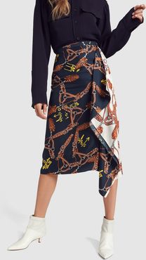 Renzo Scarf Printed Asymmetrical Skirt in Orange/Blue Multi, Size 0