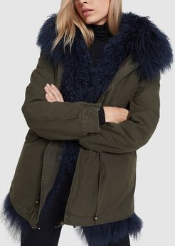 Mongolia Fur Parka in Dark Green/Full Navy Blue, X-Small