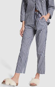Marina Gingham Cotton Pajama Pants in Navy Large Gingham, X-Small