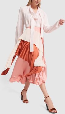 Mahira Colorblock Ruffled Silk Skirt in Rose/Powder Pink/Brick, Size UK 6