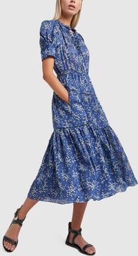 Corrine Printed Puff-Sleeve Dress in Blue, Size 2