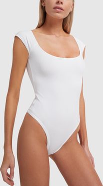 El Tigre Scoop-Neck Thong Bodysuit with Cap Sleeves in White, X-Small
