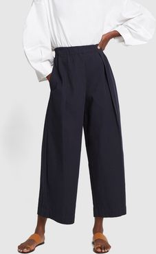 High-Waisted Pleated Cotton Trousers in Navy, X-Small