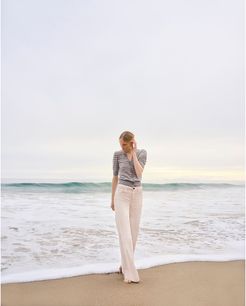 Juliette Short-Sleeve Striped Cardigan in Oatmeal/Heather Grey, X-Small