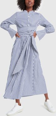 Long-Sleeve Shirt Dress with Waist-Tie in Navy/White Stripe, Size UK 6
