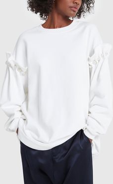 Jersey Sweater with Pearl Shoulder in White, X-Small