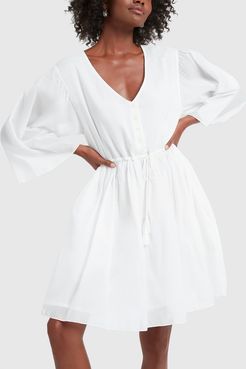 Crinkle Cotton V-Neck Long-Sleeve Dress in White, X-Small