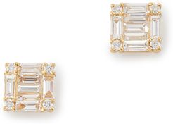 Mini Square Baguette Stud Earrings in Yellow Gold/White Diamond