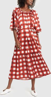 Gingham Dress with Elastic Waistline in Red Check, Small/Medium
