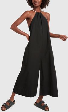 Cotton Gathered Jumpsuit in Black, Size 0