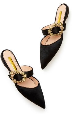 Gem Crystal Pebble Strap Flat Shoe in Black Pony/Black Satin, Size IT 37