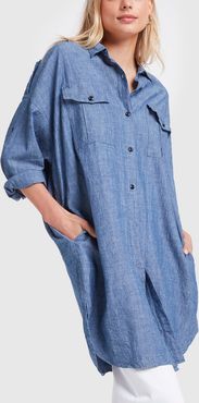 Chambray Military Shirtdress in Blue, X-Small