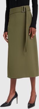 Belted Midi Skirt in Military Green, Size UK 6