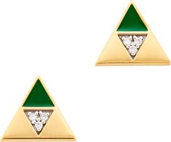 Enamel Diamond Triangle Stud Earrings in Yellow Gold Green/White Diamond