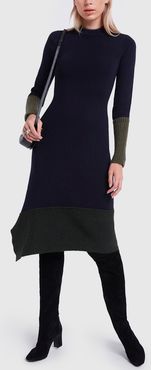 Chunky-Trim Long Sleeve Dress in Navy - Bottle Green, X-Small