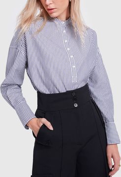 Gathered Back Oversized Stripe Shirt in Navy, X-Small