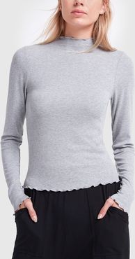 Ruffled-Edge Mock-Neck Long-Sleeve Tee in Medium Heather Grey, X-Small