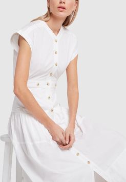 Short-Sleeve Buttoned Cotton Dress in White, Size 0
