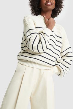 Back-Button Striped Sweater in Ivory/Dark Navy, X-Small