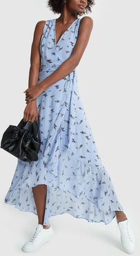 Printed Georgette Wrap Dress in Brunnera Blue, Size FR 34