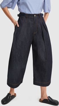 Pleated Cropped Denim Trousers in Indigo, Size UK 6