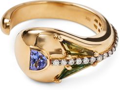 Tulipa Open Ring in Yellow Gold/Tanzanite/Tourmaline/White Diamond, Size 6.75