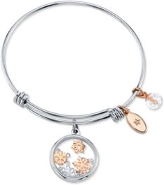 Snowflake Design 8mm Clear Bead Shine Rose Gold Two Tone Bangle Bracelet Silver Plated Charms