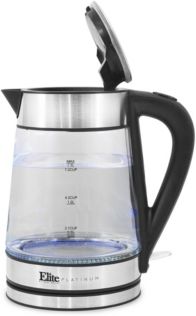 Elite Platinum Cordless 1.7L Glass Kettle, Stainless Steel Accents