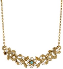 Gold-Tone Simulated Pearl and Imitation Turquoise Necklace 16" Adjustable