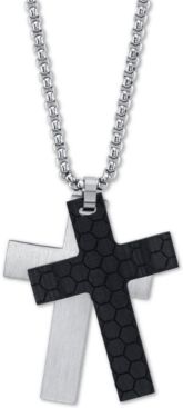 Silver and Black Double Cross Pendant Necklace In Stainless Steel, 24" Chain