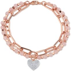 Genuine Rose Quartz Fine Plated Silver Double Strand Crystal Heart Charm Link Bracelet
