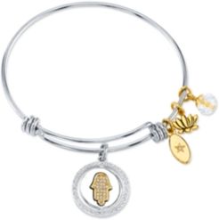 "Good Vibes Only" Hamsa Bangle Bracelet in Stainless Steel & Gold-Tone with Silver Plated Charms