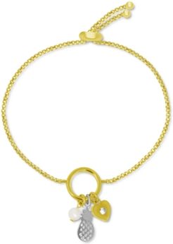 Pineapple & Imitation Pearl Charm Bolo Bracelet in Gold-Plate & Fine Silver-Plate