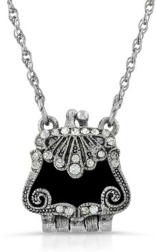 2028 Silver-Tone with Crystal Accents and Black Enamel Purse Locket Necklace