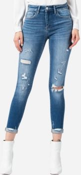 Mid Rise Roll Up Distressed Skinny Ankle Jeans
