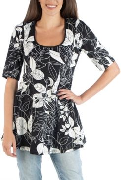 Botanical Print Elbow Sleeve Swing Top