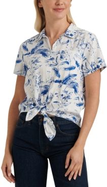 Printed Tie-Front Collared Shirt