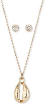 2-Pc. Set Shell Pendant Necklace & Cubic Zirconia Round Stud Earrings in Gold-Flash, Created for Macy's