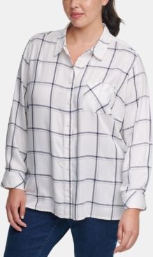 Plus Size Windowpane-Print Roll-Tab Shirt