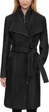 Faux-Leather Trim Belted Wrap Coat, Created for Macy's