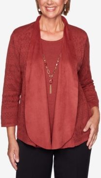 Plus Size Catwalk Suede Trim Pointelle Two-For-One Sweater
