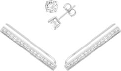 Cubic Zirconia Stud & Pave Bar Climber Earring in Fine Silver Plate