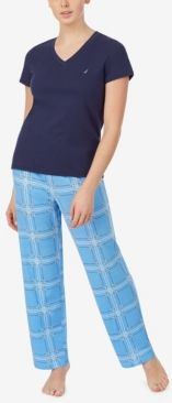 V-Neck Short Sleeve Pajama Top with Long Printed Pant