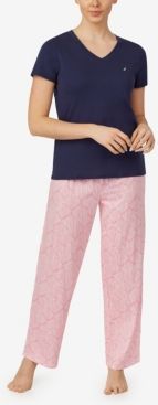 V-Neck Short Sleeve Pajama Top with Long Printed Pant